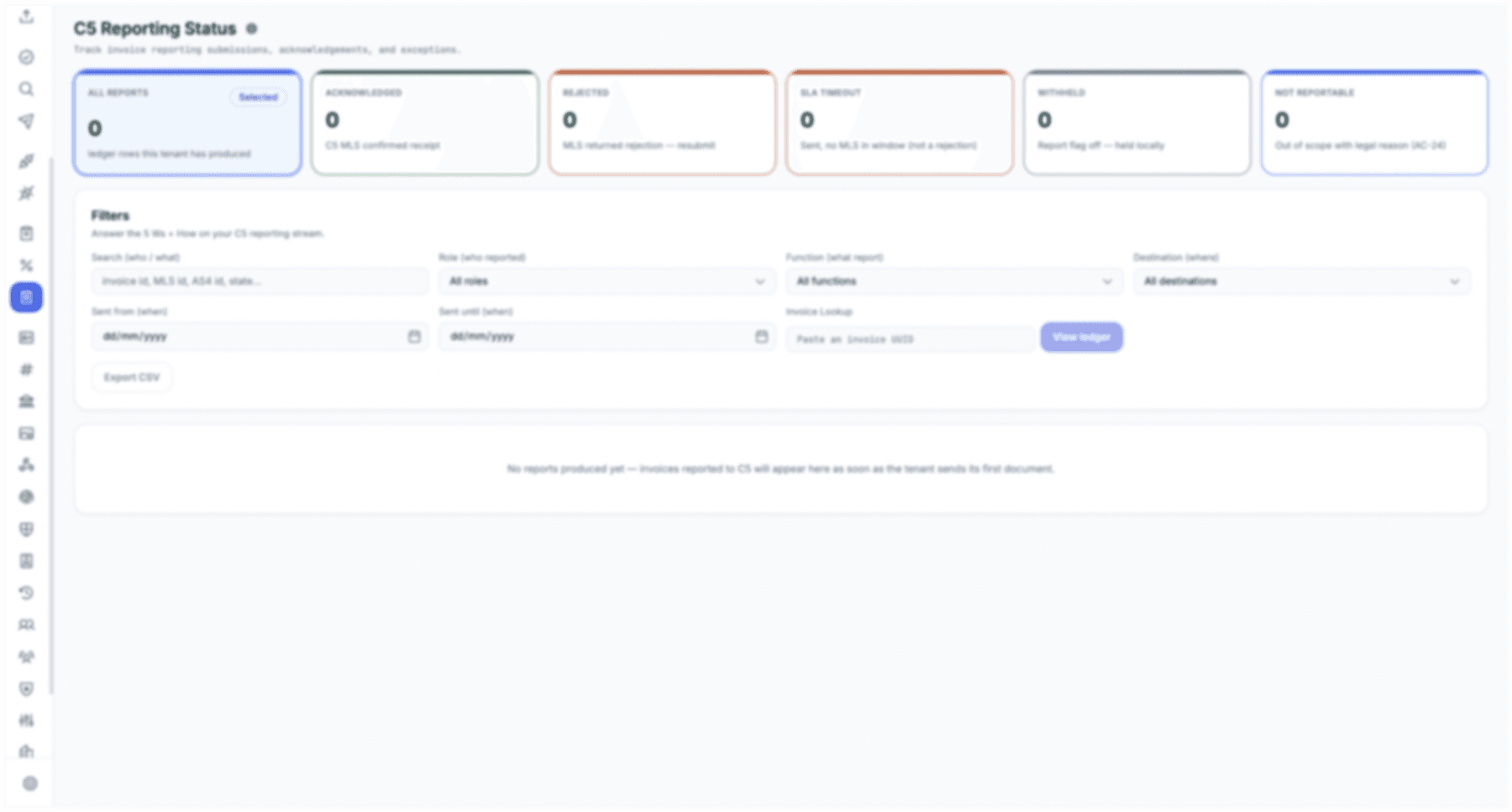 Al Sannad C5 reporting workspace showing reporting status, filters and invoice reporting outcomes.