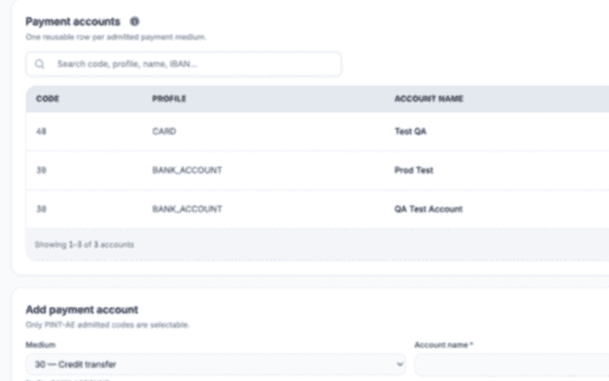 Al Sannad payment accounts workspace showing payment method accounts and account details.